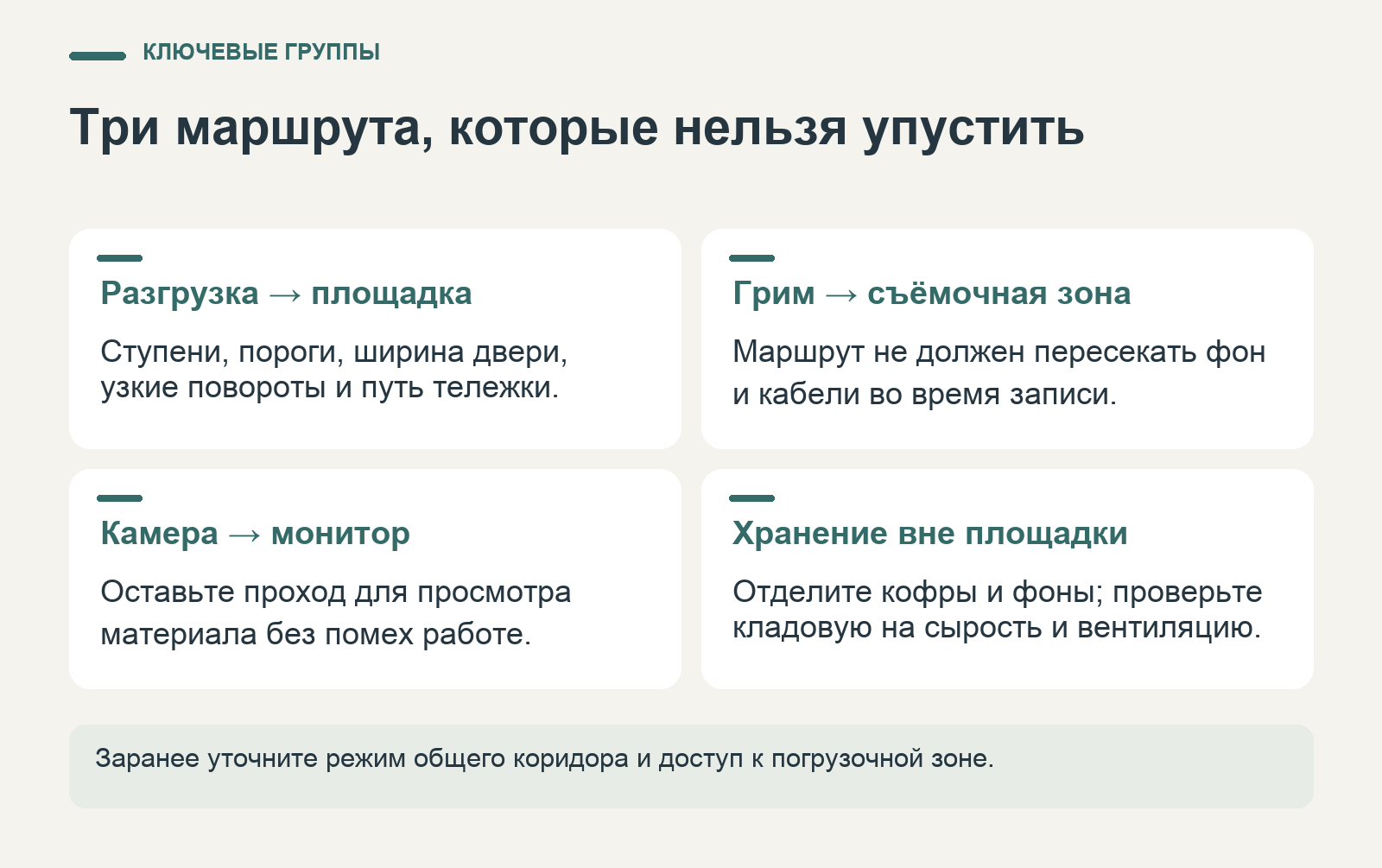 Маршруты разгрузки, грима и просмотра материала в студии с отдельной зоной хранения оборудования.